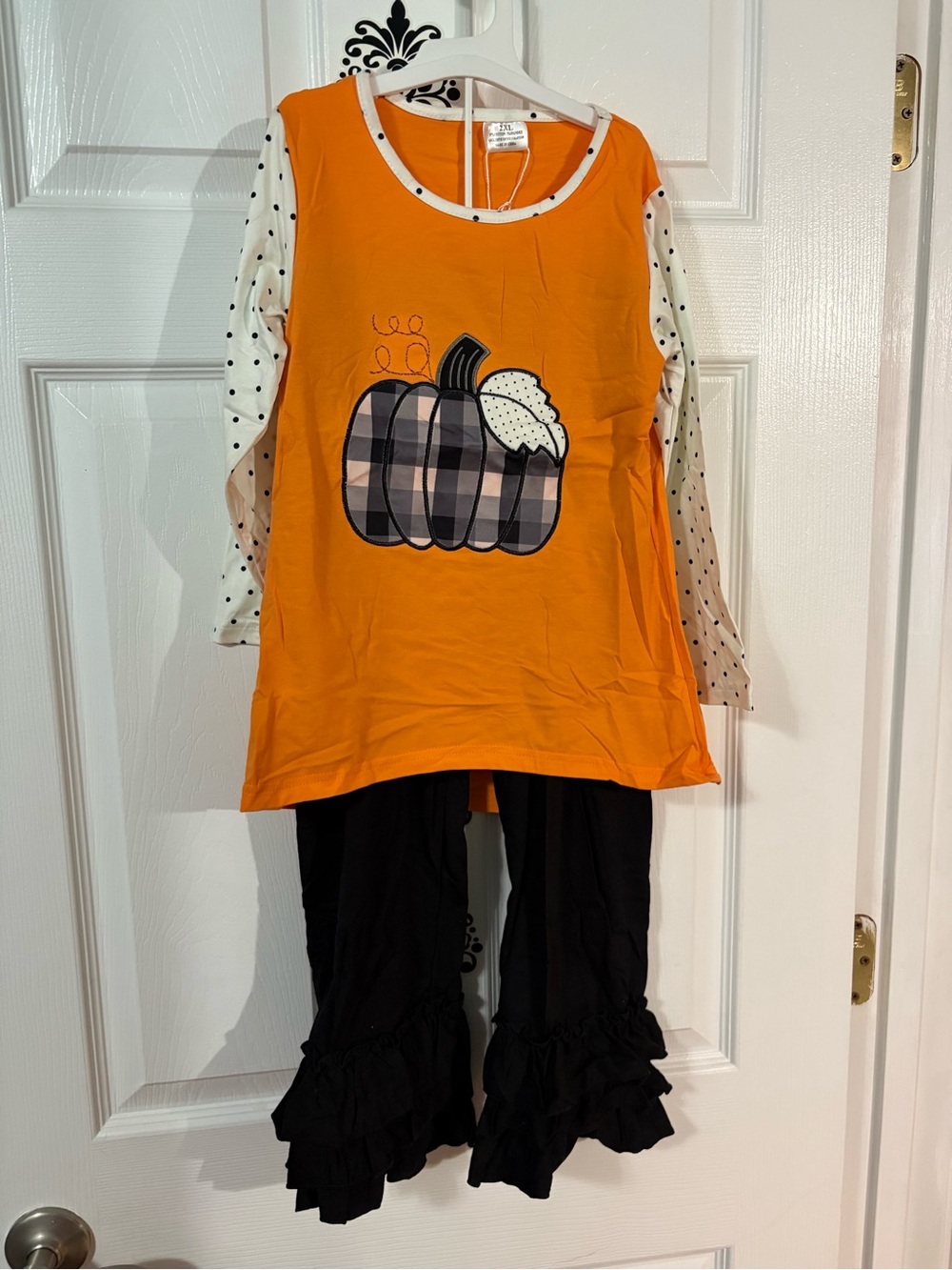 Ann Loren Orange Pumpkin Plaid Top with Black Ruffle Pants
